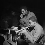 With Bobby Hutcherson (left) and Freddie Hubbard (right) at rehearsal for Bobby Hutcherson's "Dialogue" session, NYC, April 1965.