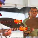 Drummer Jack DeJohnette (right) performs with guitarist Dave Fiuczynski (left) at the 2012 Newport Jazz Festiva