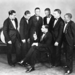 1926: Jelly Roll Morton's Red Hot Peppers: Morton center with Omer Simeon, Andrew Hilaire, John Lindsay, Johnny St. Cyr, Kid Ory George Mitchell. All but Mitchell were from New Orleans.
Courtesy Hogan Jazz Archive, Tulane University.