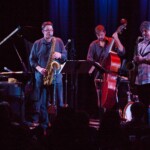 Chris Lightcap's Bigmouth band includes (left to right): Matt Mitchell, keyboards; Andrew Bishop, tenor saxophone; Chris Lightcap, bass; Tony Malaby, tenor saxophone; Ches Smith, drums.