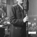 American trombonist and band leader Glenn Miller (1904 - 1944) performing with the Glenn Miller Army Air Force Band to entertain the troops.   Original Publication: Picture Post - 1782 - Glenn Miller - unpub.   (Photo by Felix Man/Getty Images)